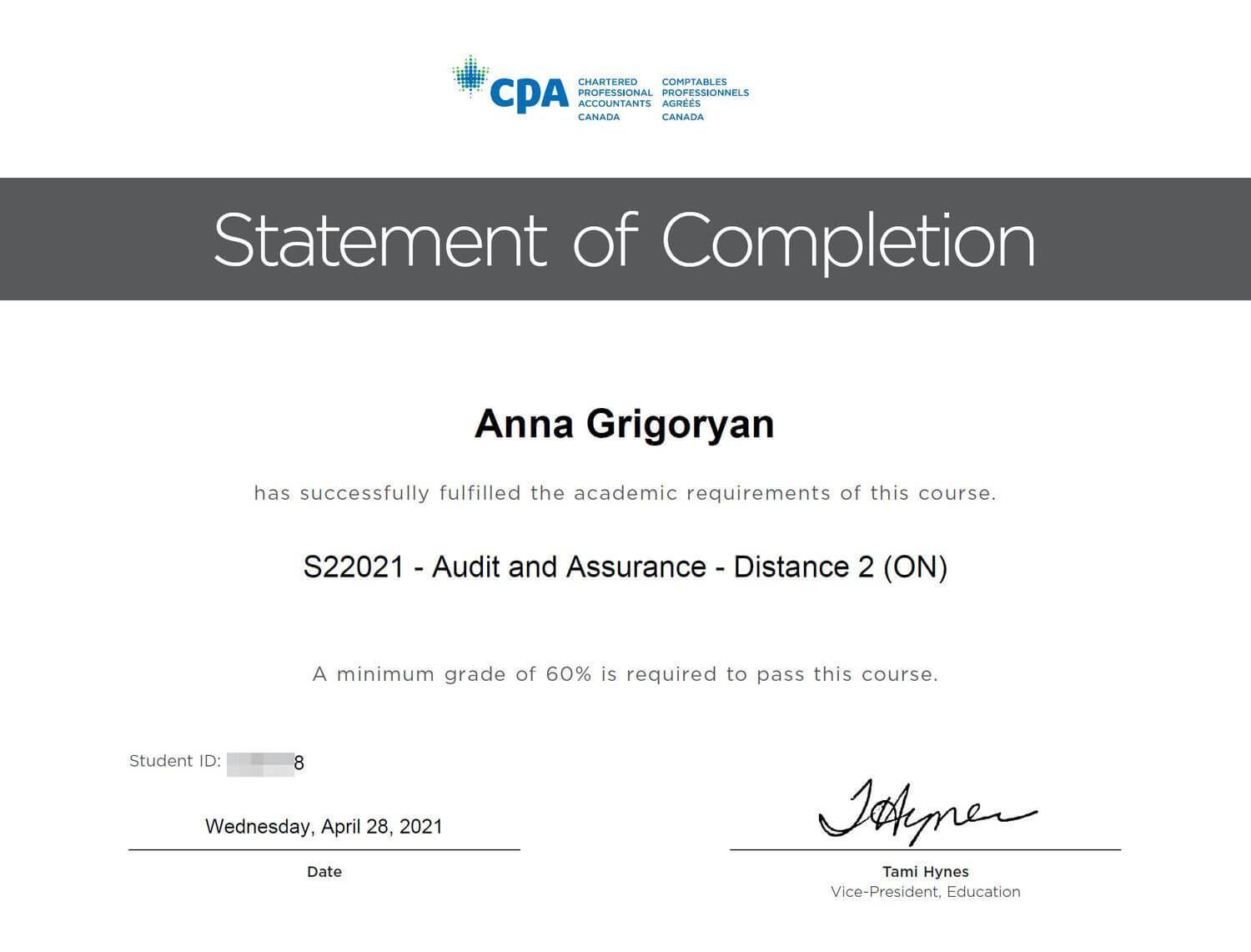 Small business accountant Anna Grigoryan's CPA certificate - Audit and Assurance