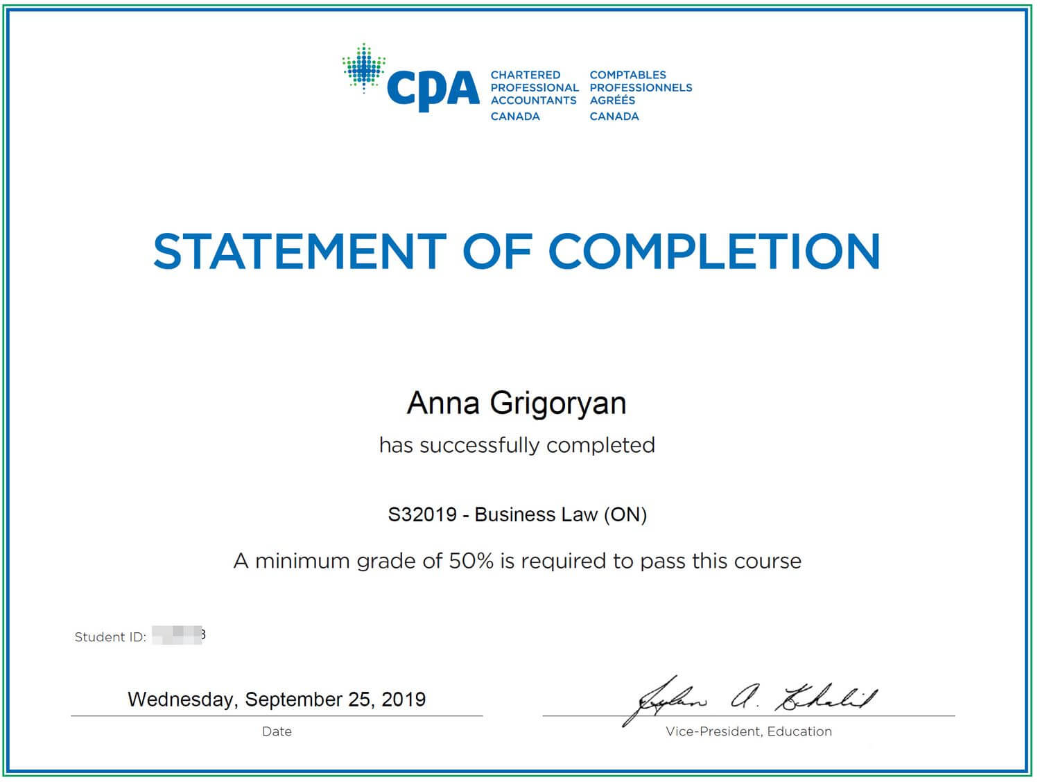 Business Law CPA certificate for accountant Anna Grigoryan 