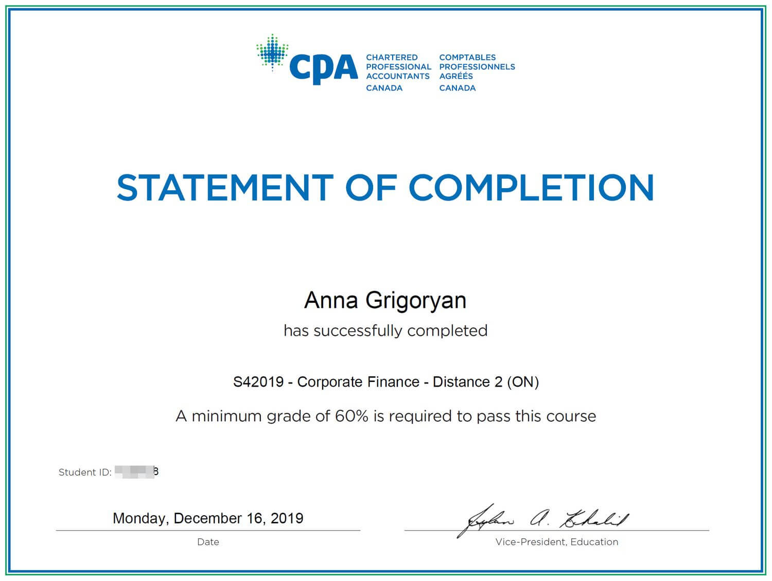 Anna's Corporate Finance CPA certificate