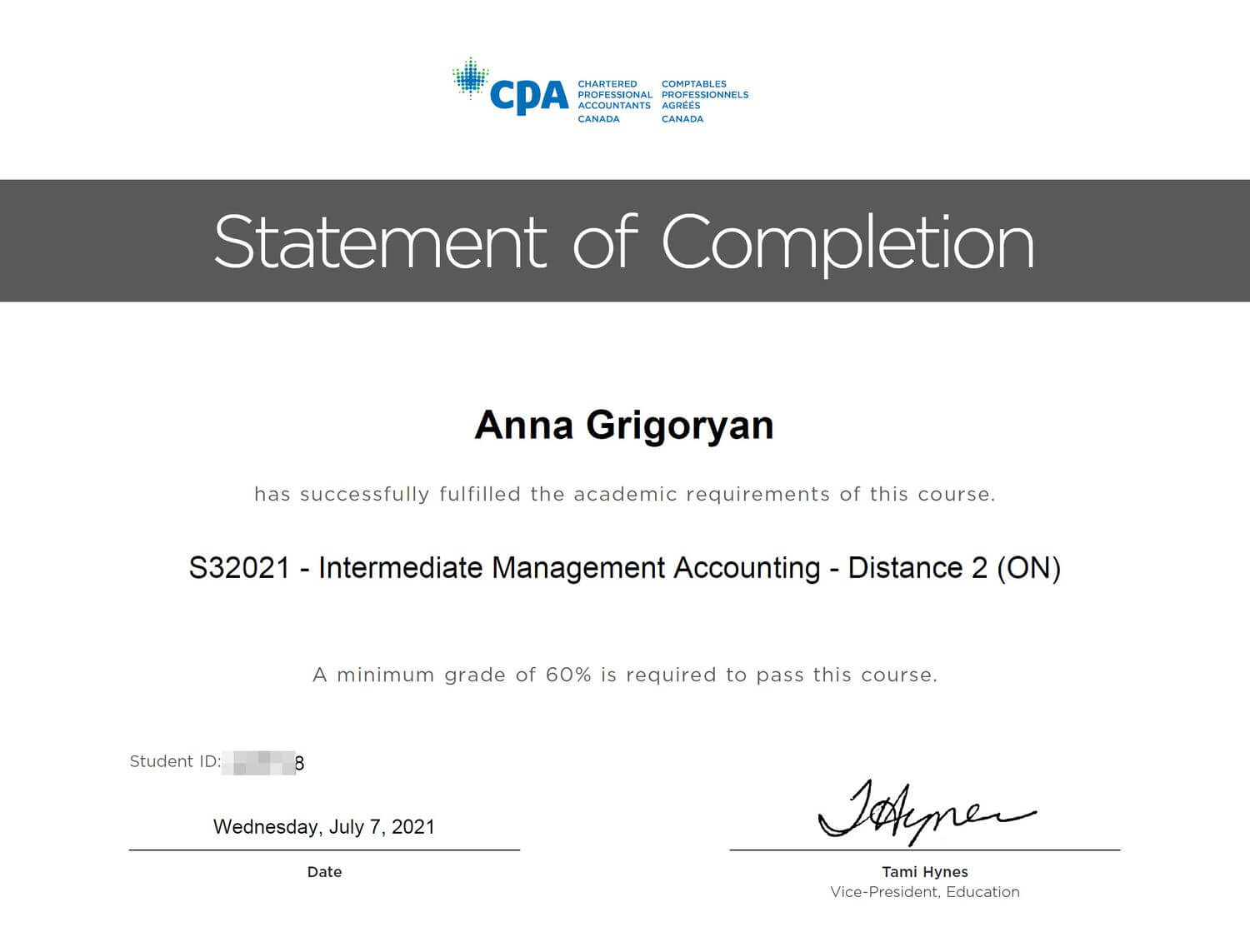 Management Accounting CPA certificate for corporate accountant Anna
