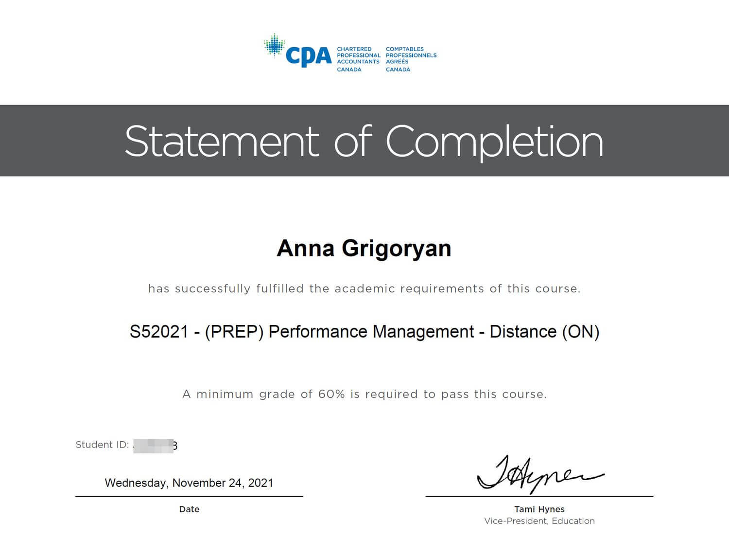 Corporate accountant Anna Grigoryan's CPA certificate - Performance Management