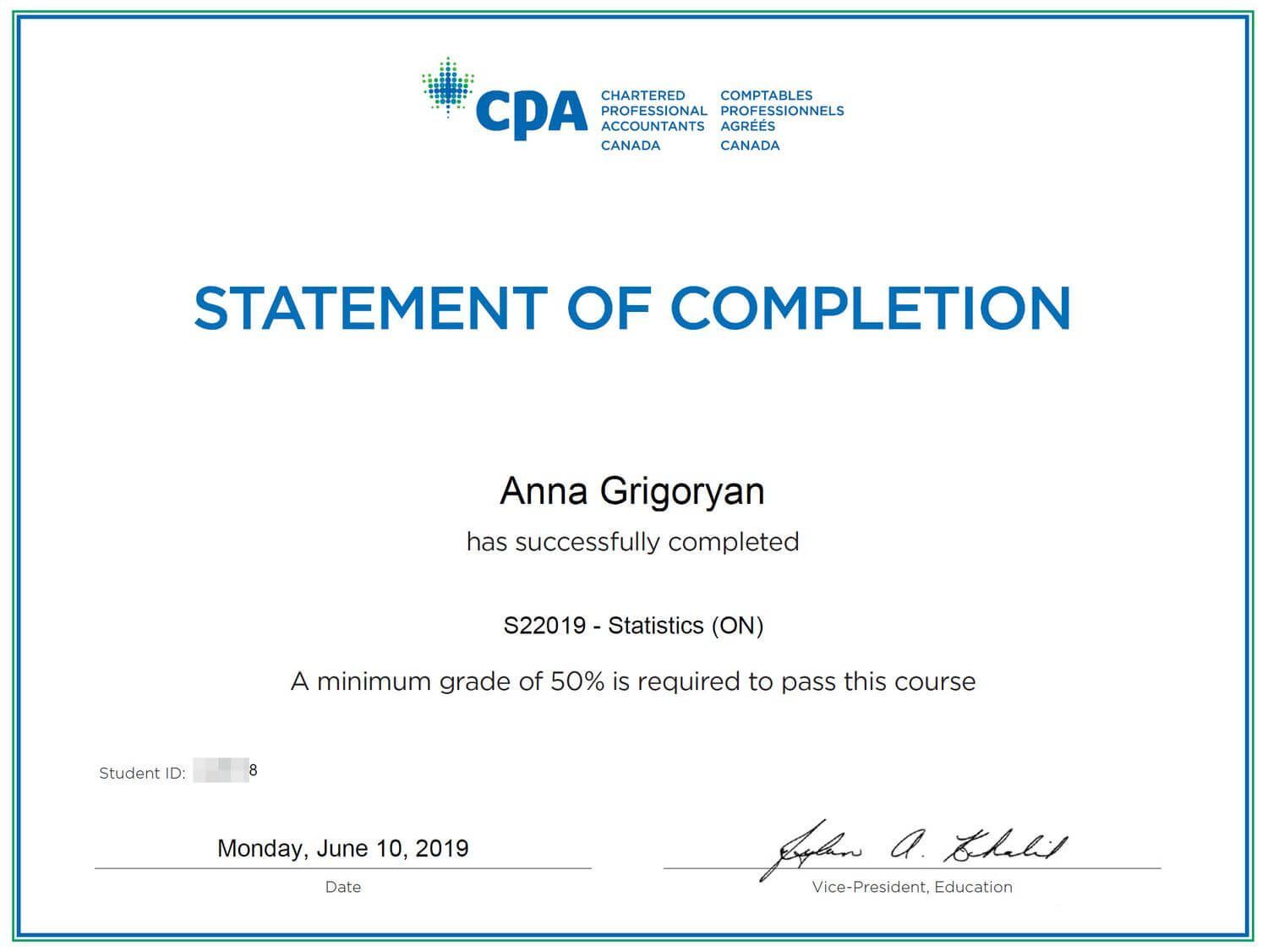 Corporate accountant Anna Grigoryan's CPA certificate - Statistics