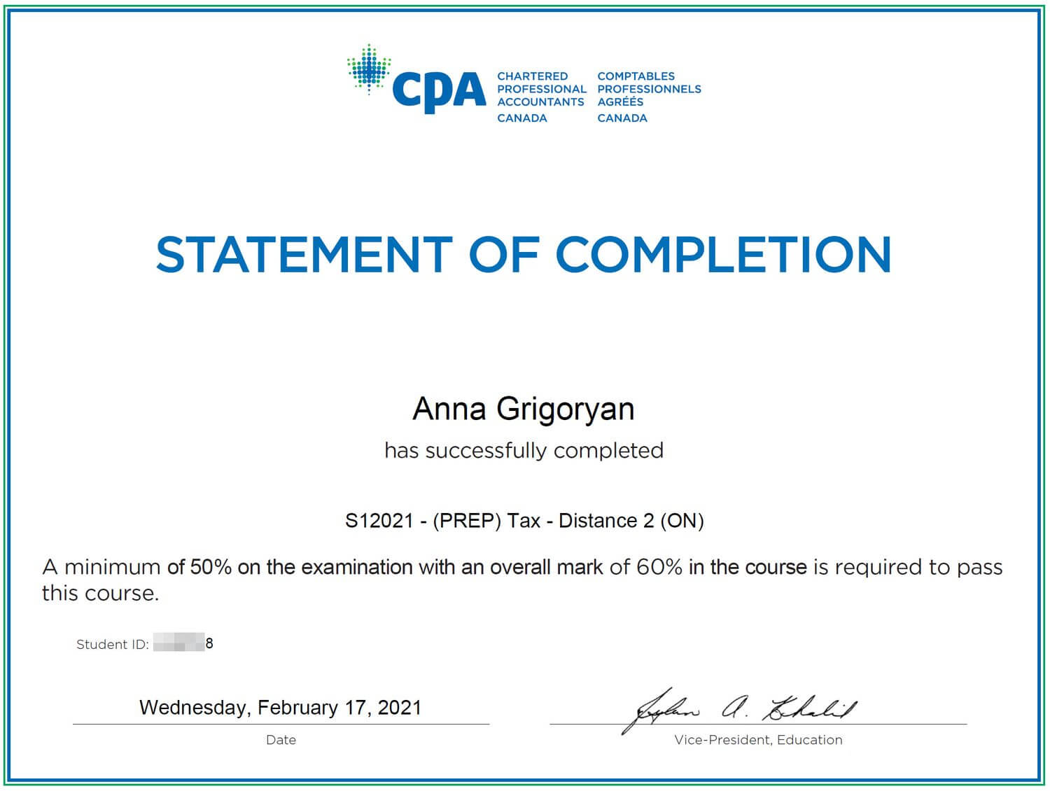Small business accountant Anna Grigoryan's CPA certificate - Tax