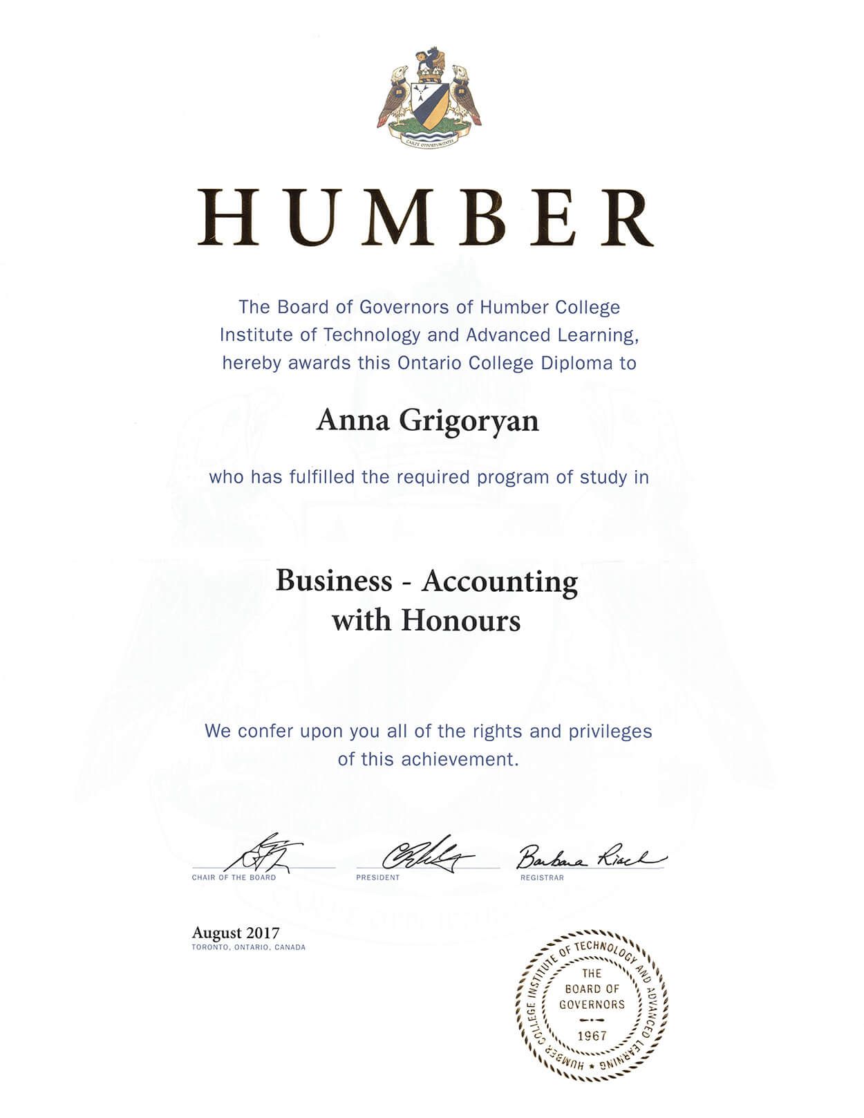 Anna Grigoryan is a corporate accountant, graduated from Humber Business Accounting program with Honors